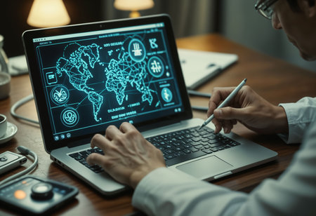 businessman working on laptop and using tablet with world map on the screenの素材