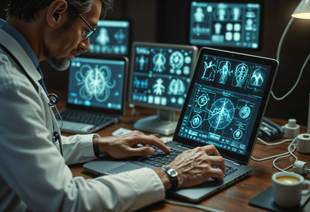 Side view of senior doctor working on laptop while sitting at wooden table in dark officeの素材