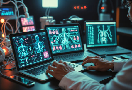 Doctor working with modern digital tablet and laptop computer in medical workspace office. Healthcare and medical concept.の素材