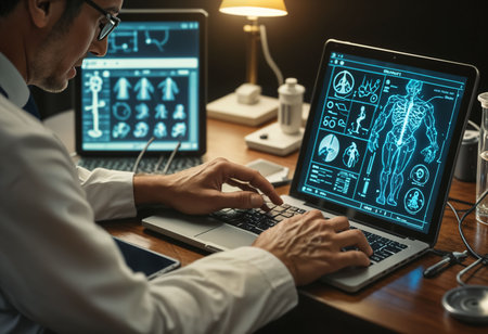 Doctor working on laptop computer with x-ray image of human body in medical clinic.の素材