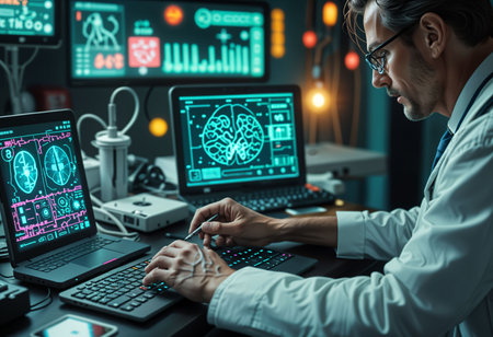 scientist in white coat and eyeglasses working on computer in laboratoryの素材