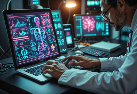 Doctor working on laptop computer with x-ray image of human bodyの素材