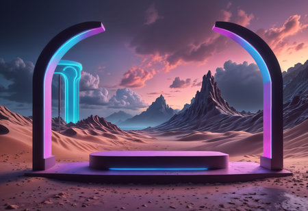 Abstract scene with podium and arch. 3d render. Futuristic background.の素材