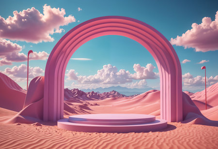3d render of abstract geometric forms. Minimal scene with round podium in desert.の素材
