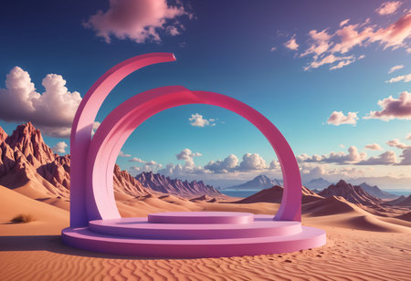 Abstract scene with round podium in desert. 3d render and illustrationの素材