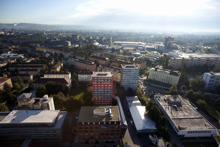 Highly detailed aerial city view with crossroads, roads, factories, houses, parks, parking lots, bridges, Brno, Czech Republicのeditorial素材