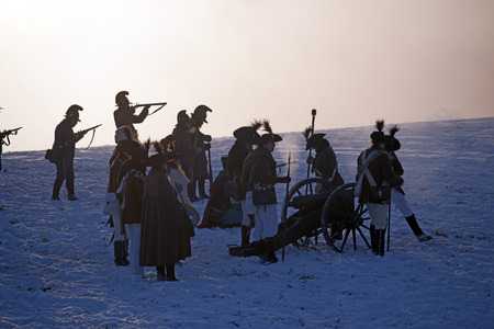 TVAROZNA, CZECH REPUBLIC - DECEMBER 4, 2010: History fan in military costume reenacts the Battle of Three Emperors on December 4, 2010 in Tvarozna, Czech Republic.のeditorial素材