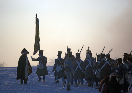 TVAROZNA, CZECH REPUBLIC - DECEMBER 4, 2010: History fan in military costume reenacts the Battle of Three Emperors on December 4, 2010 in Tvarozna, Czech Republic.のeditorial素材