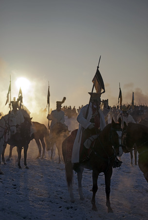 TVAROZNA, CZECH REPUBLIC - DECEMBER 4, 2010: History fan in military costume reenacts the Battle of Three Emperors on December 4, 2010 in Tvarozna, Czech Republic.のeditorial素材