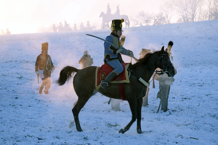 History fan in military costume reenacts the Battle of Three Emperorsのeditorial素材