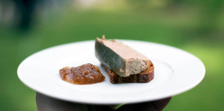 Chicken liver pate and morel with homemade gingerbread and pear jamの写真素材