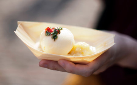 Aloe vera sorbet served on flambed bananaの写真素材