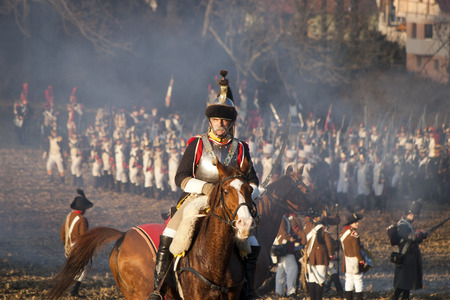TVAROZNA, CZECH REPUBLIC - NOVEMBER 28: History fans in military costumes reenact the battle of Austerlitz, which Napoleon won in 1805, on November 28, 2009 near the village of Tvarozna, Czech Repuplic.のeditorial素材