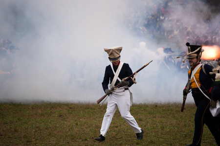 TVAROZNA, CZECH REPUBLIC - NOVEMBER 29, 2014: History fan in military costume reenacts the Battle of Three Emperors on November 29, 2014 in Tvarozna, Czech Republic.のeditorial素材