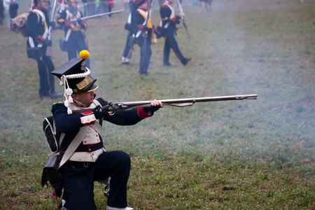 TVAROZNA, CZECH REPUBLIC - NOVEMBER 29, 2014: History fan in military costume reenacts the Battle of Three Emperors on November 29, 2014 in Tvarozna, Czech Republic.のeditorial素材