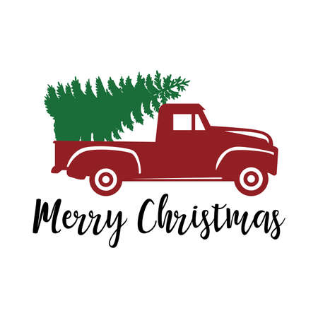 Old vintage red Christmas truck with pine tree vectorのイラスト素材