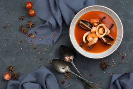 Seafood soup, shrimp and mussels in a plate. food photographyの写真素材