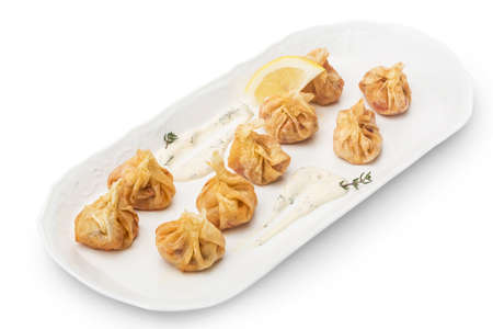 Ravioli with meat Ukrainian cuisine. Photo of food on a white backgroundの写真素材