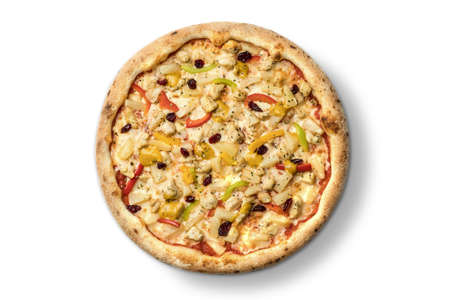 Pizza with meat and cheese, Ukrainian cuisine. Photo of food on a white backgroundの写真素材