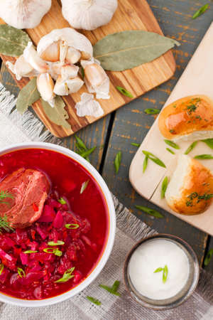 Soup red borscht, Ukrainian cuisine. Photo of food on a white backgroundの写真素材