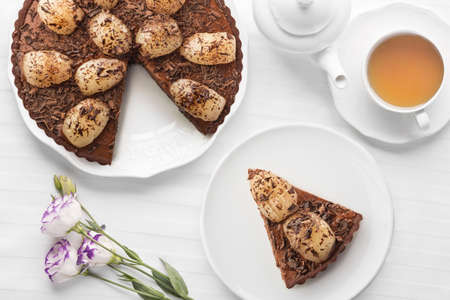 Bright chocolate cake, food photography.の写真素材