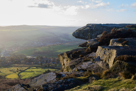 View from Curbar Edge in the Peak District, United Kingdom looking down the valleyの写真素材