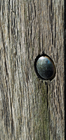 A close up of a metal bolt in the side of a wooden fence post