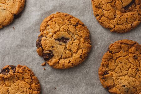 Freshly baked chocolate chip cookies on baking parchment viewed from the top down