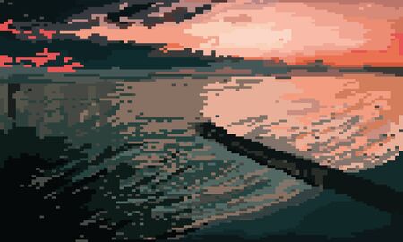 Sunset / sunrise at sea in pixels styleのイラスト素材