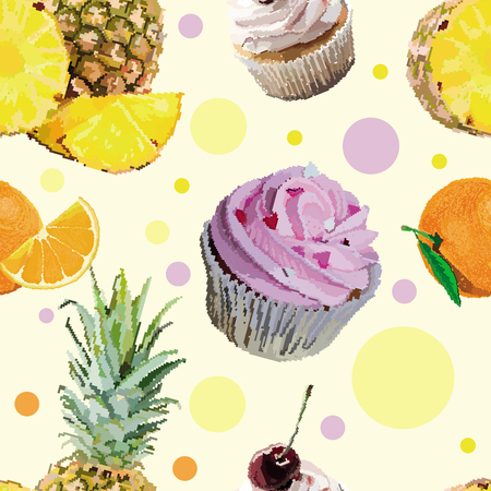 Seamless background with the image of fruit and cupcakes.のイラスト素材