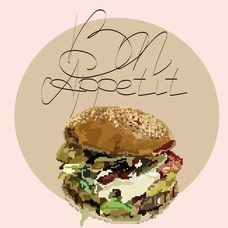 Appetizing fast food hamburger in pixels illustration.のイラスト素材