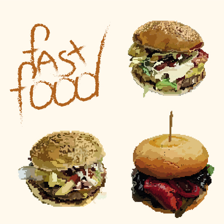 Appetizing fast food hamburgers in pixelsのイラスト素材