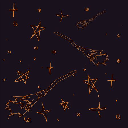 In the starry sky, brooms fly for Halloweenのイラスト素材