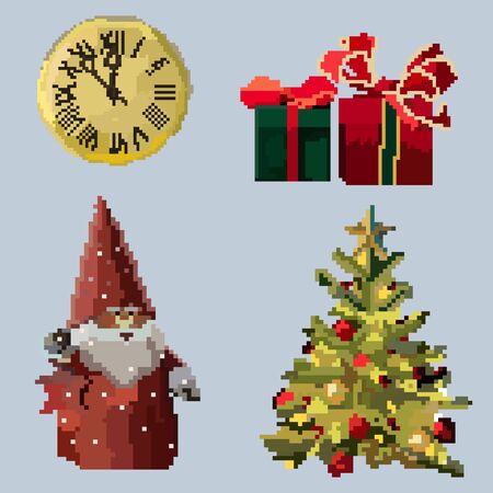 New year set of pixel vectors: tree, clock, santa claus, giftsのイラスト素材
