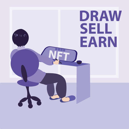 A male artist sits at a table and draws NFT illustrations for sale. vector graphicsのイラスト素材