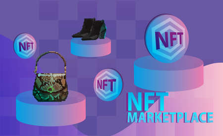 Image of pixel art sold on the NFT marketplace. NFT token in cryptography. Banner Non-fungible token with intellectual property aspects. NFT token in blockchain technology in digital crypto art.のイラスト素材