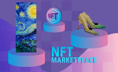 Image of Van Gogh pixel art for sale on the NFT marketplace. NFT token in cryptography. Banner Non-fungible token with intellectual property aspects.のイラスト素材
