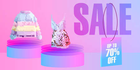 Beautiful banner for clothing sale advertising, fashion stores, online stores. 70 percent off banner with label and podiums with trendy pixel clothes. Vector.のイラスト素材