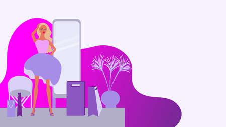 The girl is standing in a fashion store, having made purchases. Beautiful bright illustration for advertising expensive stores, fashion boutiques. shopping, purchases. Beautiful blのイラスト素材