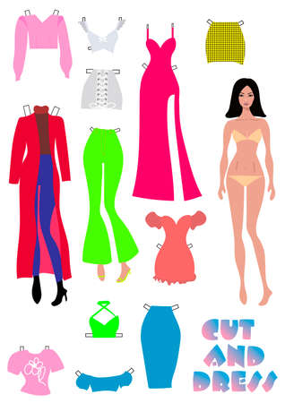 Cut out and dress. Paper doll for children with a set of clothes. Beautiful girl in a bathing suit. Set of bright fashion clothes. vector graphics.のイラスト素材