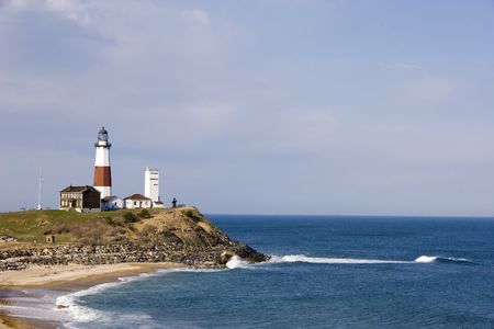 Montauk Point Lighthouse overlooks the Atlantic ocean.の写真素材