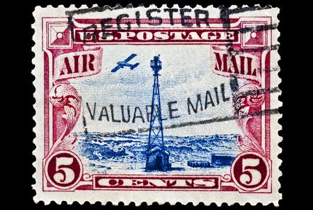 Beacon on Rocky Mountain Airmail Stamp  canceled"Register Valuable Mail". Issued in 1928の写真素材