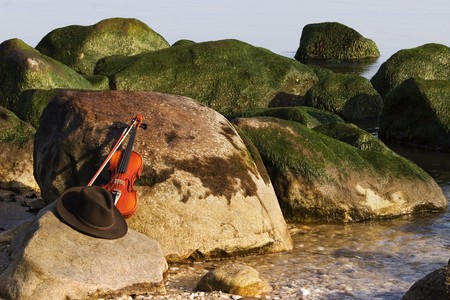 Violin and cowboy hat lying on a rock by the Oceanの写真素材
