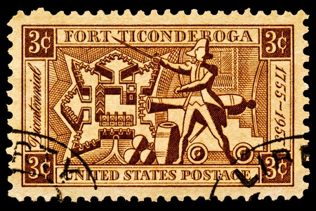  Fort Ticongeroga was captured on May 10th 1775 by small force of patriots led by The Green Mountin Boys and General Ethan Allen  Located on Lake Champlain, New York  This issue shows a map of Fort Ticonderoga,artillary and Ethan Allen  Issued in 1955の写真素材