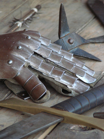 Equipment from medieval time on the tableの写真素材