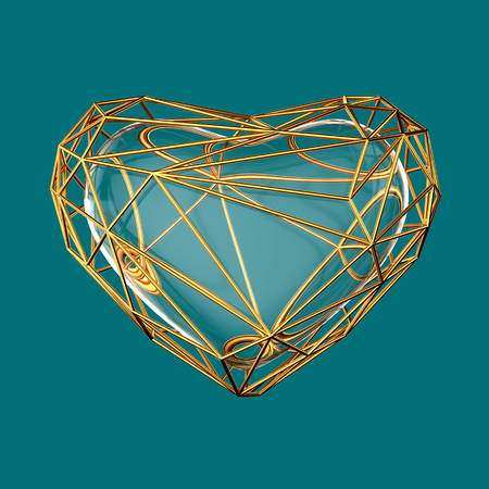 Polygonal golden heart on blue background. Valentines dayの写真素材