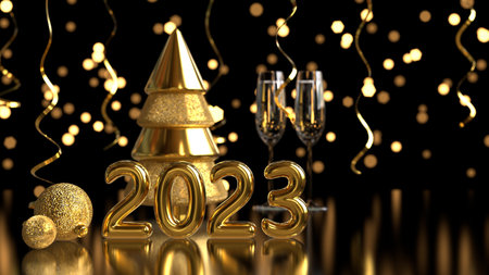 Happy new year background with golden decor. Christmas tree and golden number 2023. 3d render...