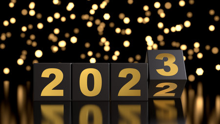 Black blocks with changing golden number 2023. New year concept with Christmas lights. 3d render...