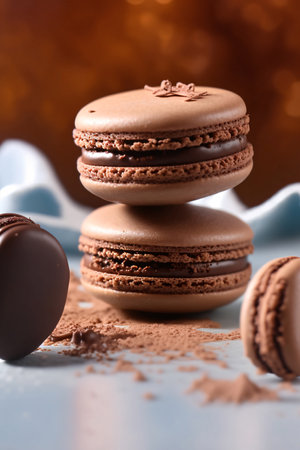 Chocolate macaroons on a light background. AI generatedの素材