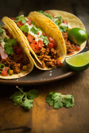 Mexican tacos with meat, tomato and cilantro on wooden background, generative AI food illustrationの素材